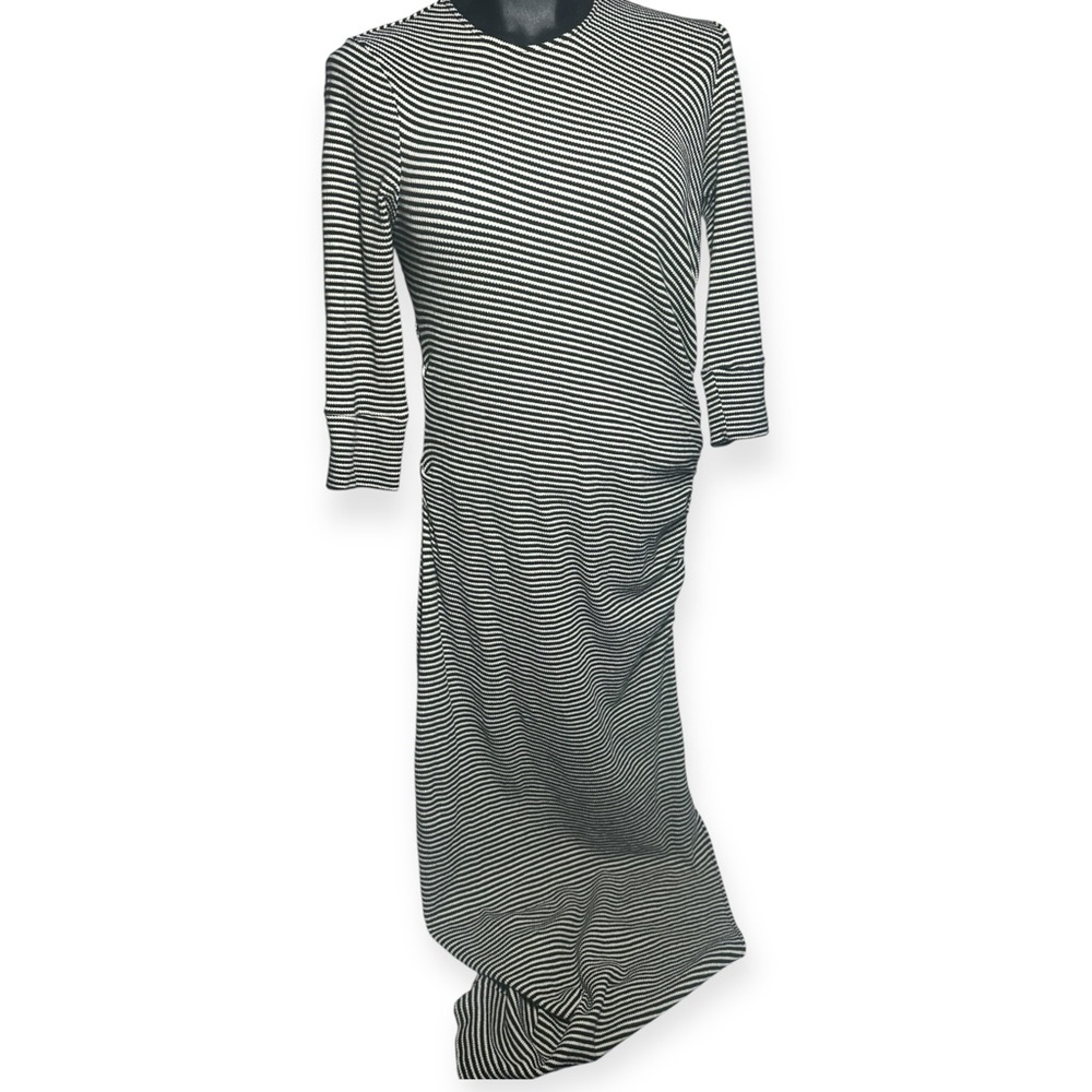 dRA Los Angeles Body Con Maxi Dress Small 3/4 Sleeves Black Stripe Ruched Slit